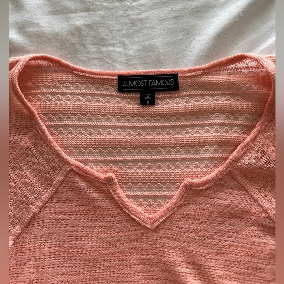 pink top sheer v-neck see-through blouse interesting 3/4 quarter length sleeve - Picture 6 of 9